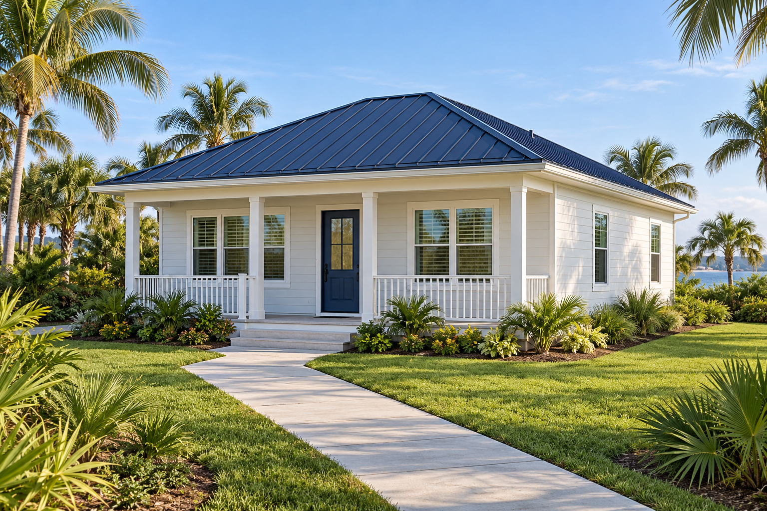 The same concept house with restored roof, siding, windows, porch and walkway.